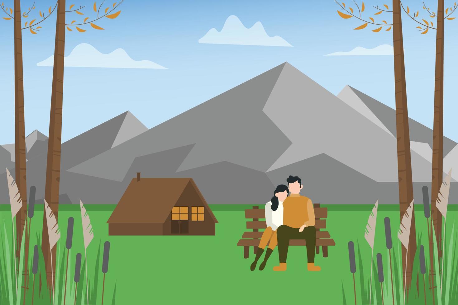 A couple sit on the bench in a forest and a hilly place. vector