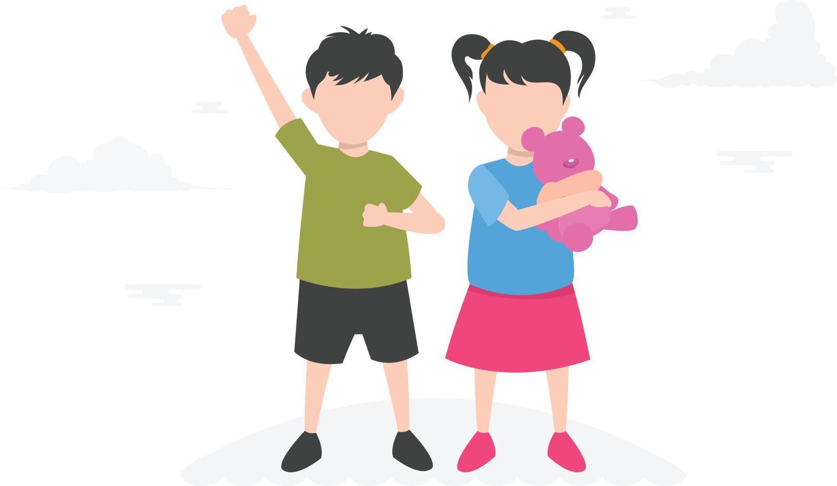 There are two kids one girl and the other boy playing with toys. vector