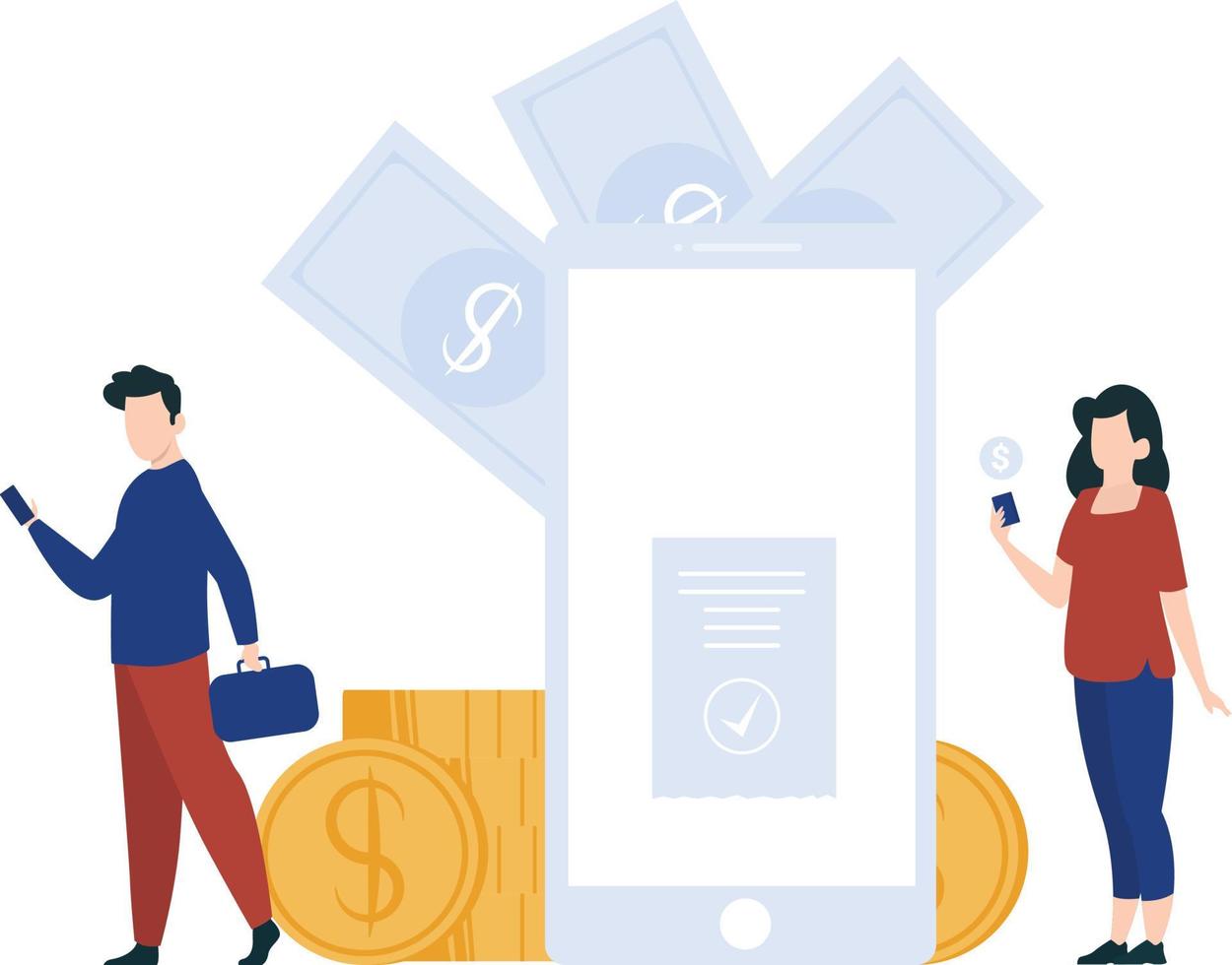 A girl and a boy with a wallet doing cash transfers on mobile phones. vector