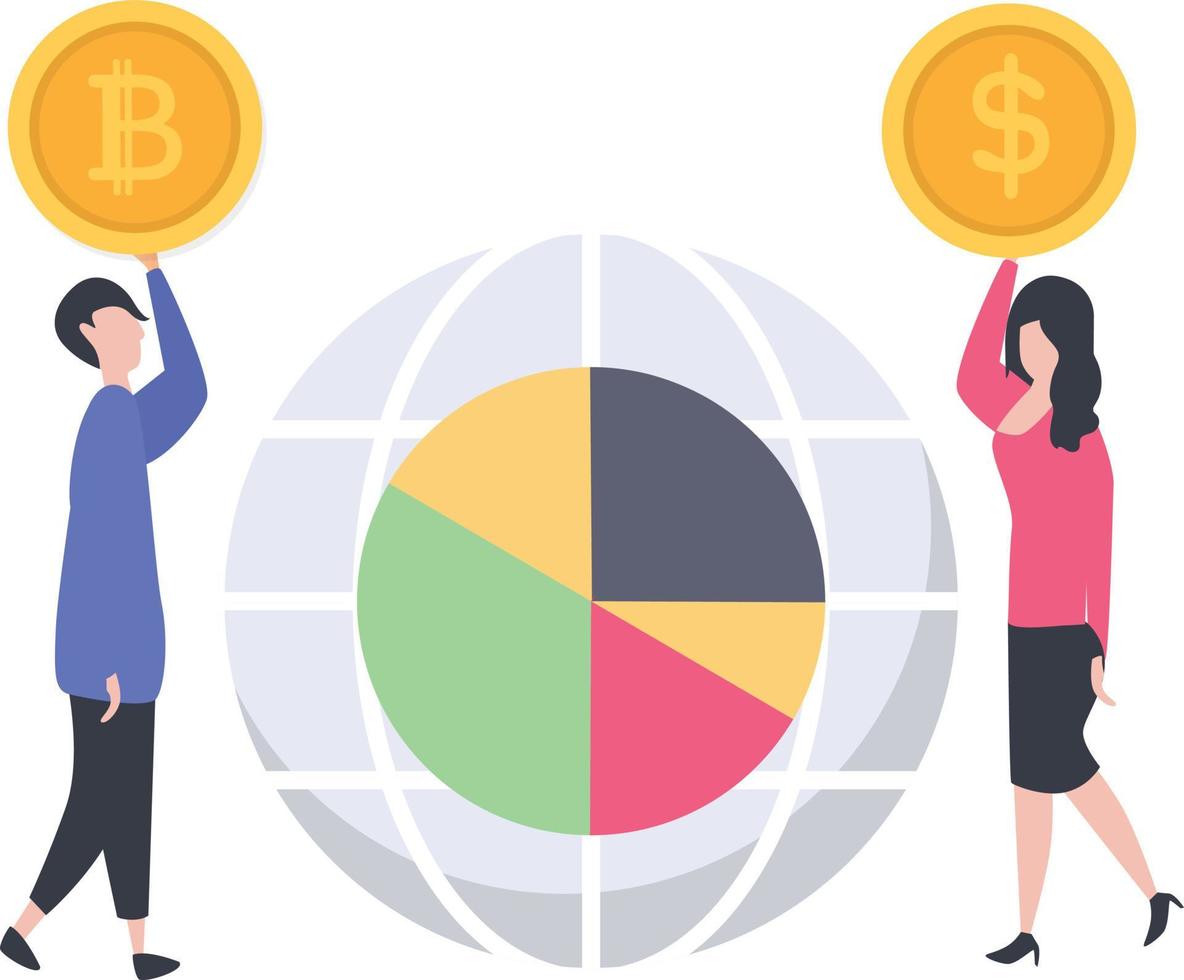 A boy with a bitcoin and a girl with a dollar coin coming toward global chart. vector