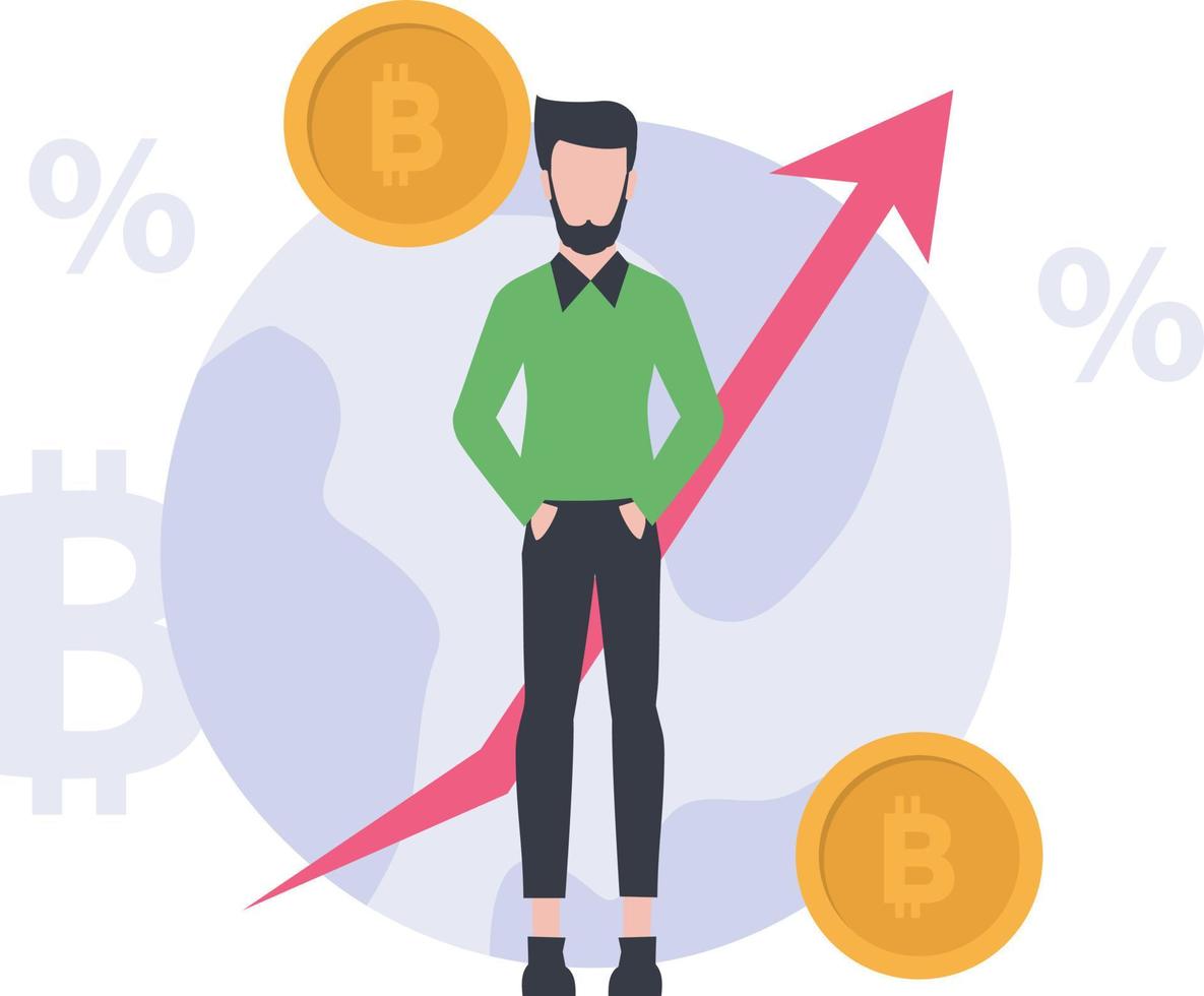 A boy standing in front of bitcoin growth and value. vector