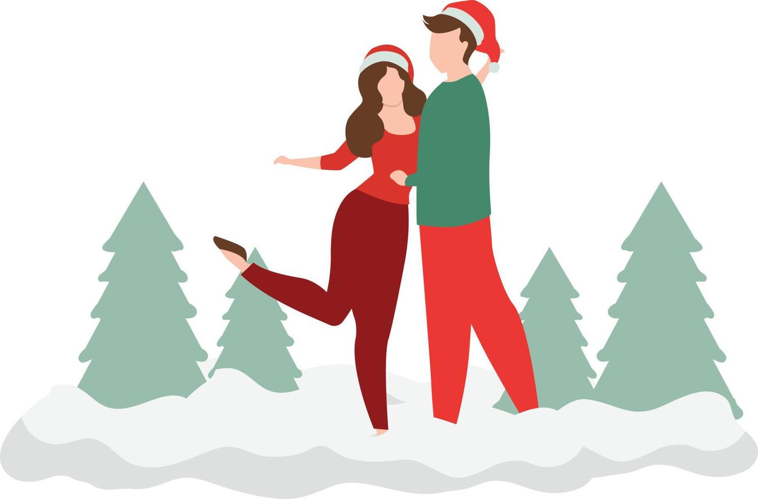 una pareja de pie en un lugar nevado en Navidad. vector