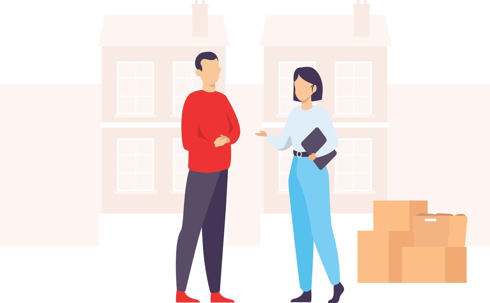 girl talking to a man about parcel delivery with holding a file or board . vector