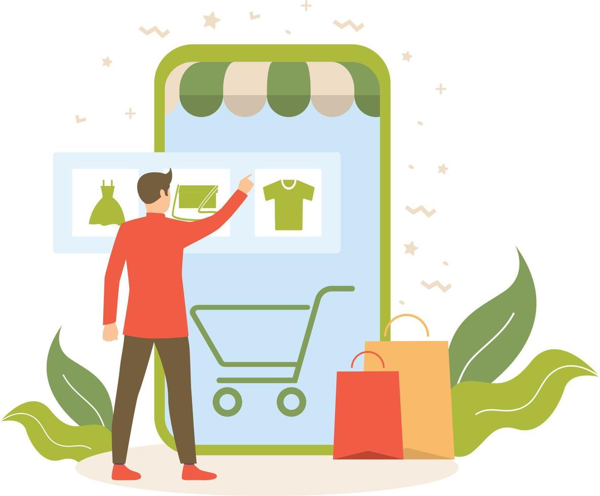 A man doing online shopping and select things to wear and dress up. vector