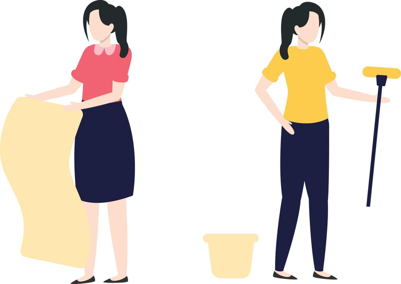 Two girls standing with painting things. vector