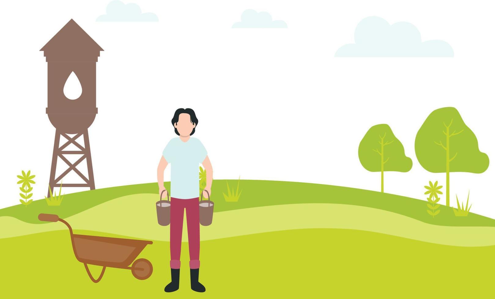 A gardener with water buckets in his hands standing near a wheelbarrow in a farm. vector