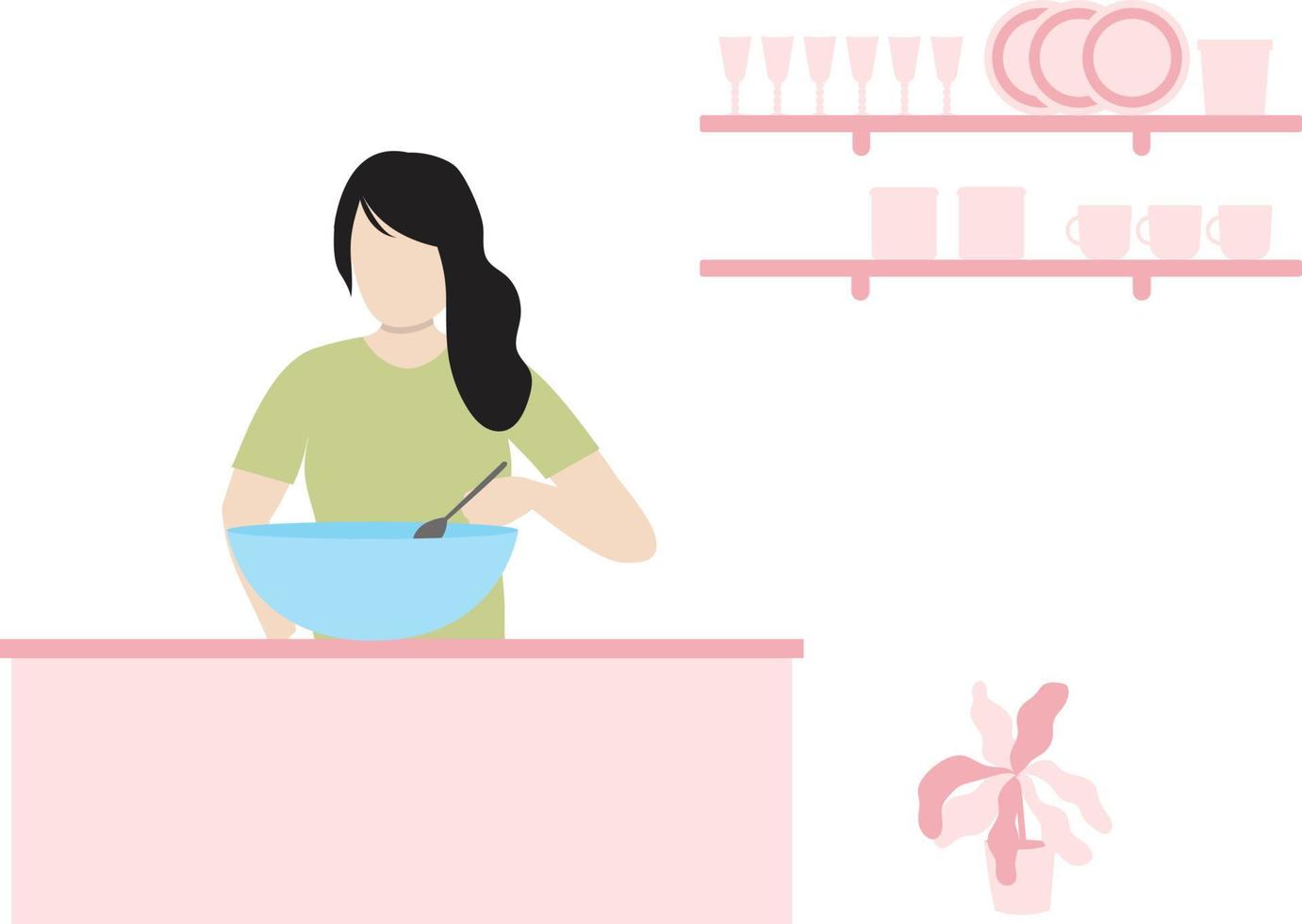 una chica con un cuenco en la cocina cocina algo. vector