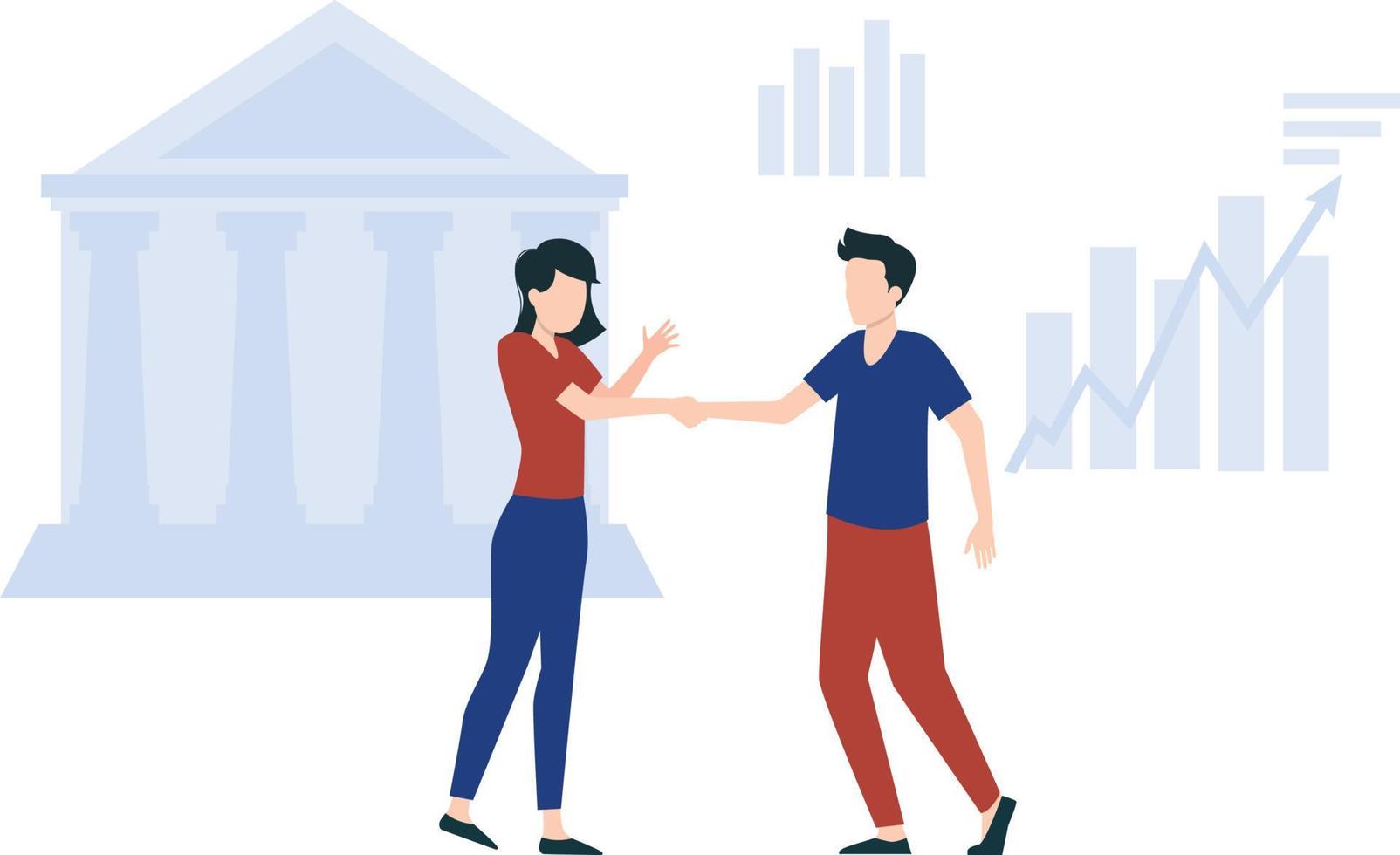 A girl and a boy shake their hands outside the bank. vector