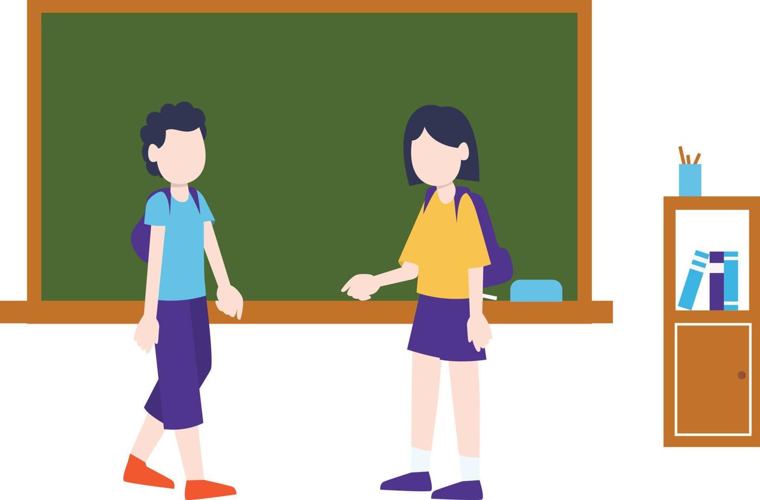 Two students standing in the classroom. vector