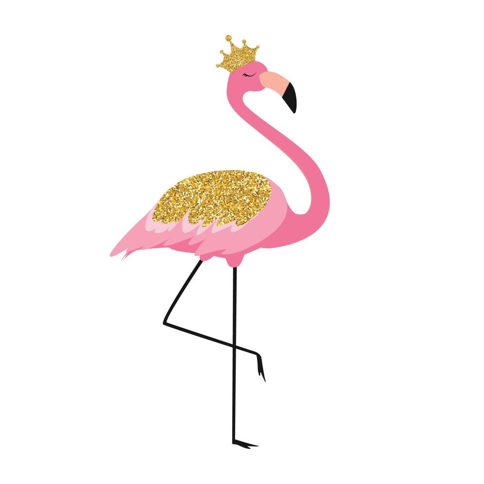 Beautiful Little Princess Pink Flamingo in Golden Crown. Vector Illustration