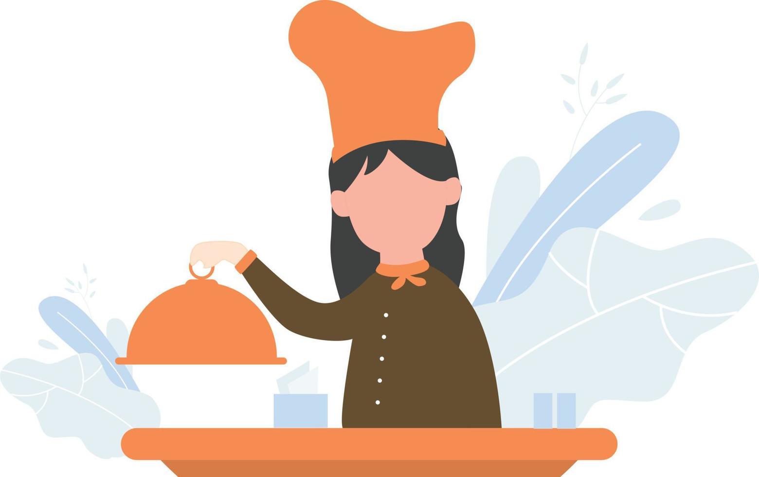 A female chef taking the lid off. vector