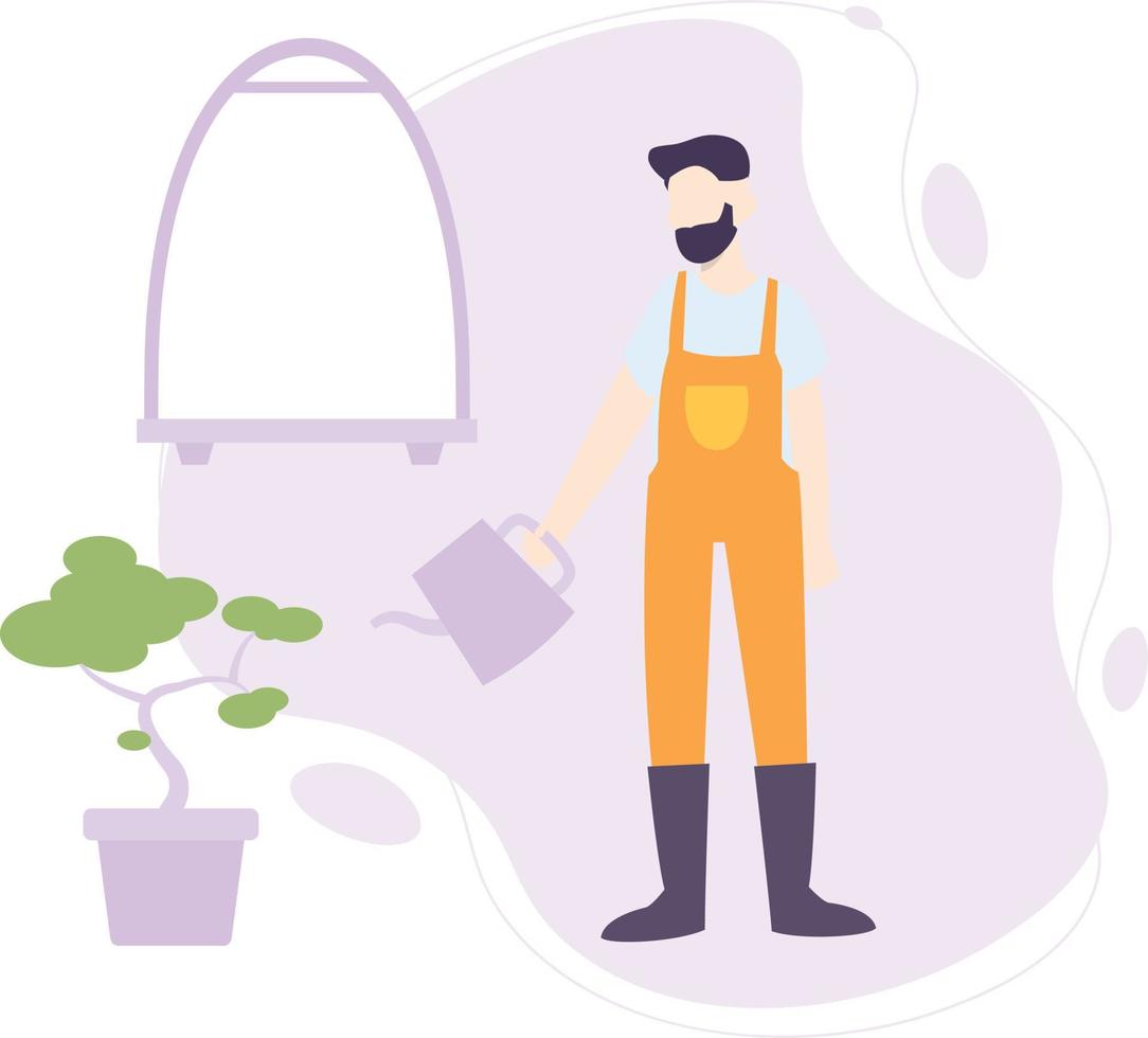 A gardener is gardening in park and watering to a plant. vector