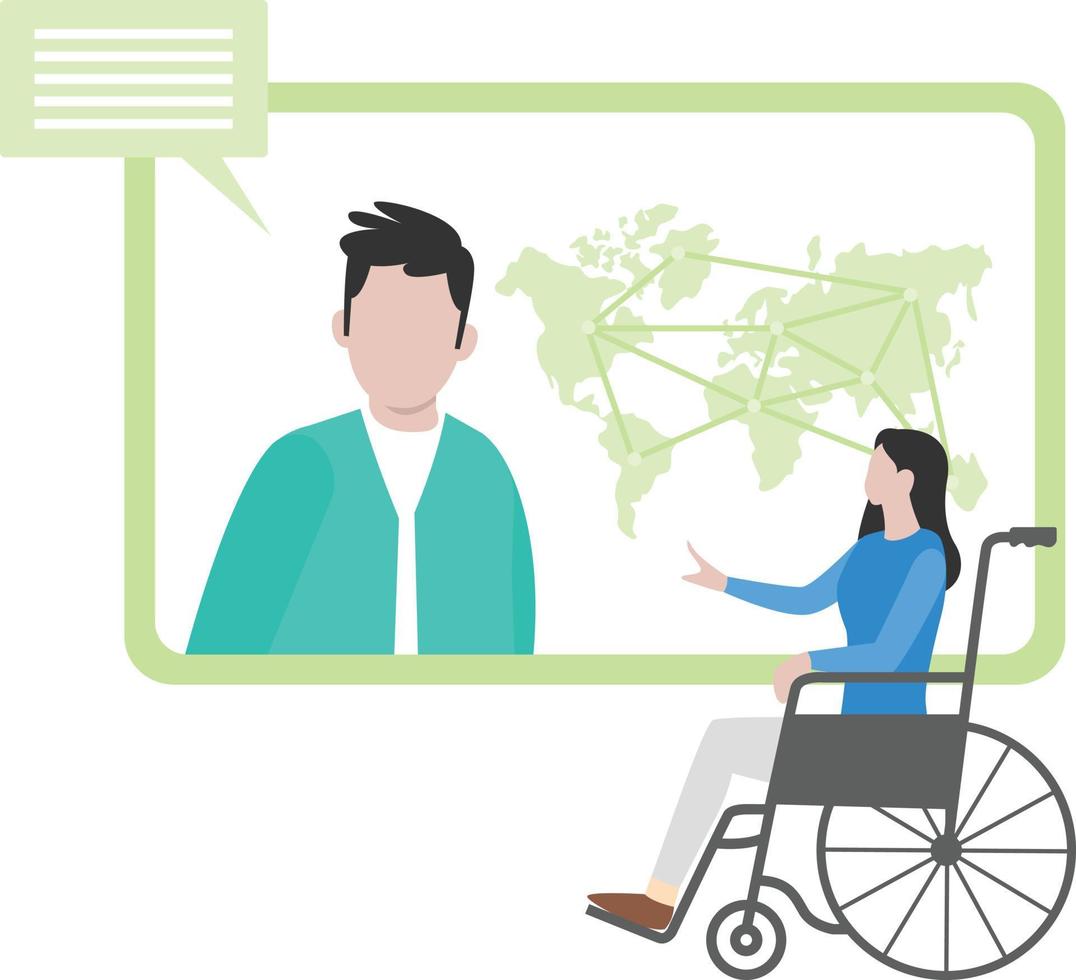 A wheelchair patient talking to her doctor online. vector