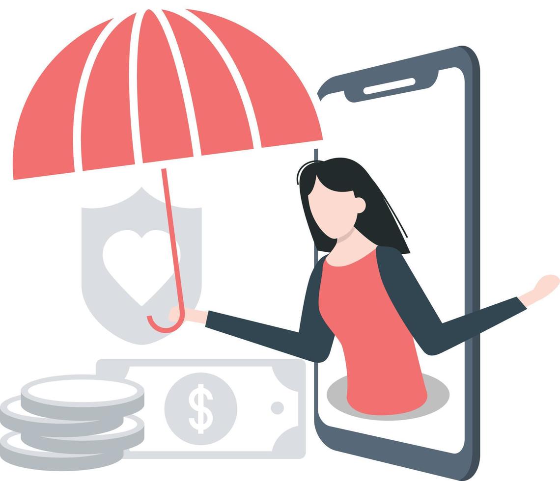 A girl coming out from the mobile with an umbrella. vector