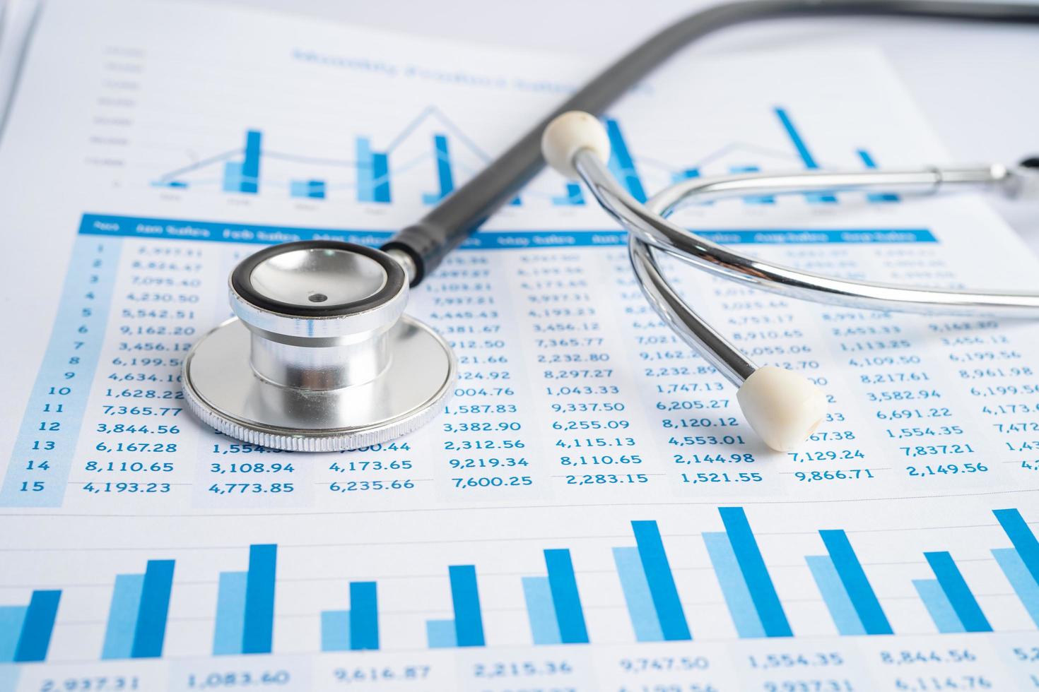 Stethoscope on spreadsheet paper, Finance, Account, Statistics, Investment, Analytic research data economy spreadsheet and Business company concept. photo