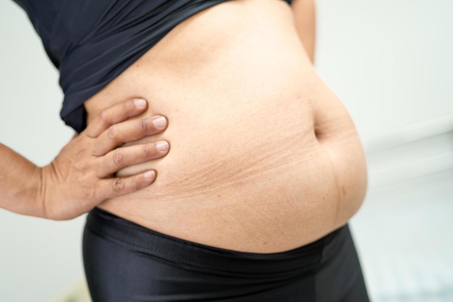 Overweight Asian woman show fat belly at office. photo