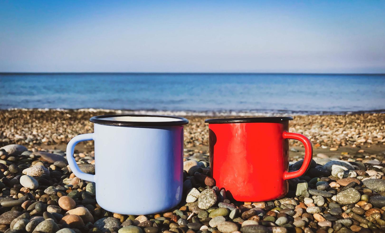 close up of sky blue and red cups on the rocks in the beach with calm sea in the background. photo