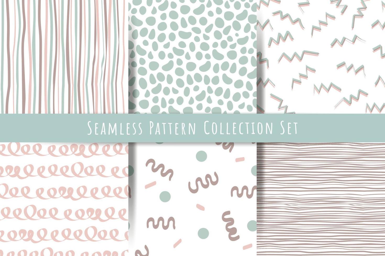 A set of simple minimalistic summer, spring seamless patterns. Gentle hand draw ornaments with lines, drops, hearts, shapes for prints, wallpapers, textiles. Vector graphics.