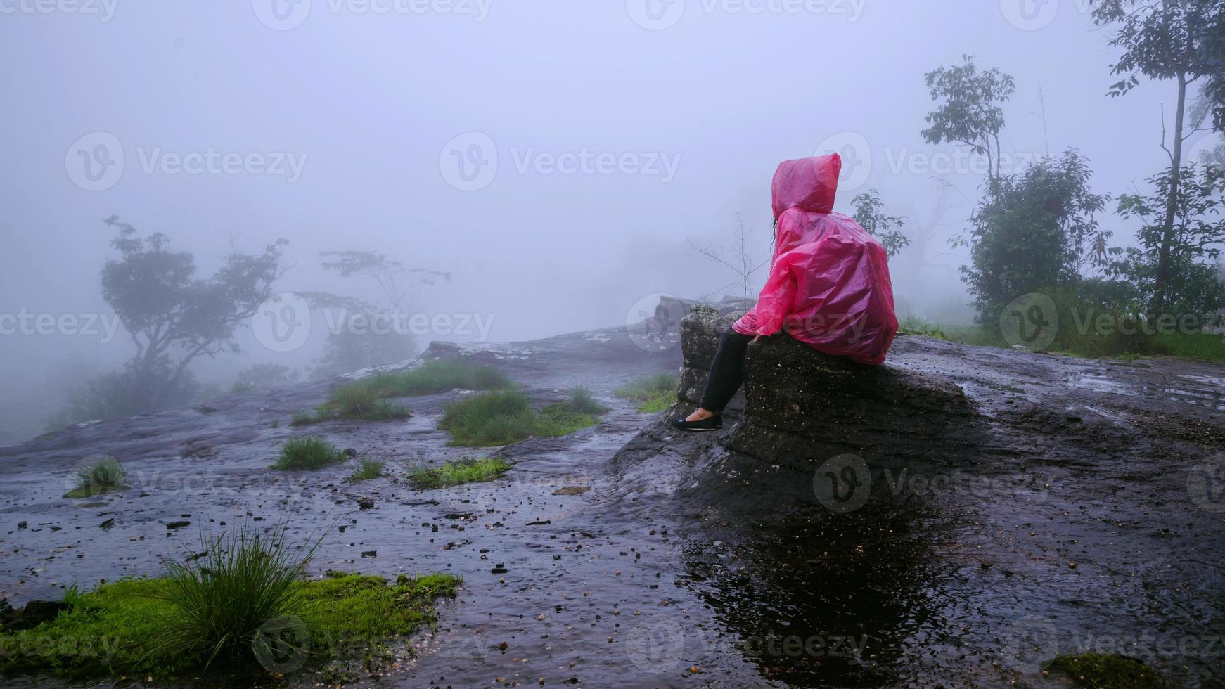 turista con capa de lluvia rosa sentado ver el paisaje natural hermosa niebla táctil en el parque nacional phu hin rong kla. viajar naturaleza, viajar relajarse, viajar tailandia, temporada de lluvias. foto