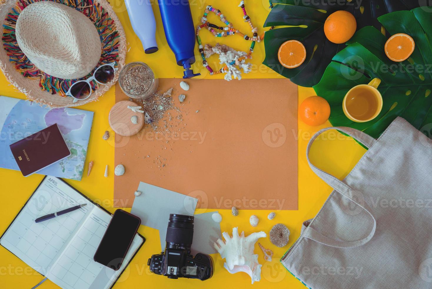 Beach outfit Accessories On bright yellow background - Summer Holiday Banner, Beach tourism concept. Summer concept, Travel nature, Travel relax, Beach Summer. photo