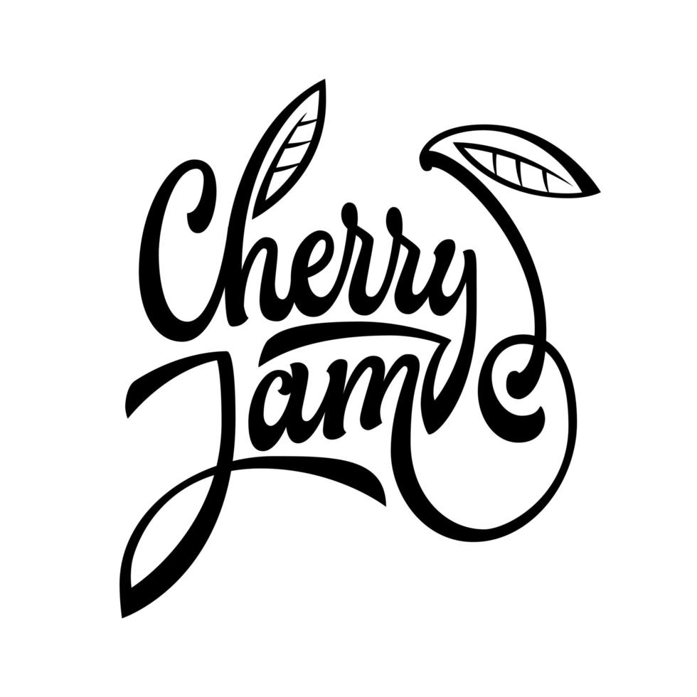 Cherry jam - hand deawn script style lettering logo with fluorishes berry icon. Jam jar design element for label, home made jam stickers, cafe season sweets. vector