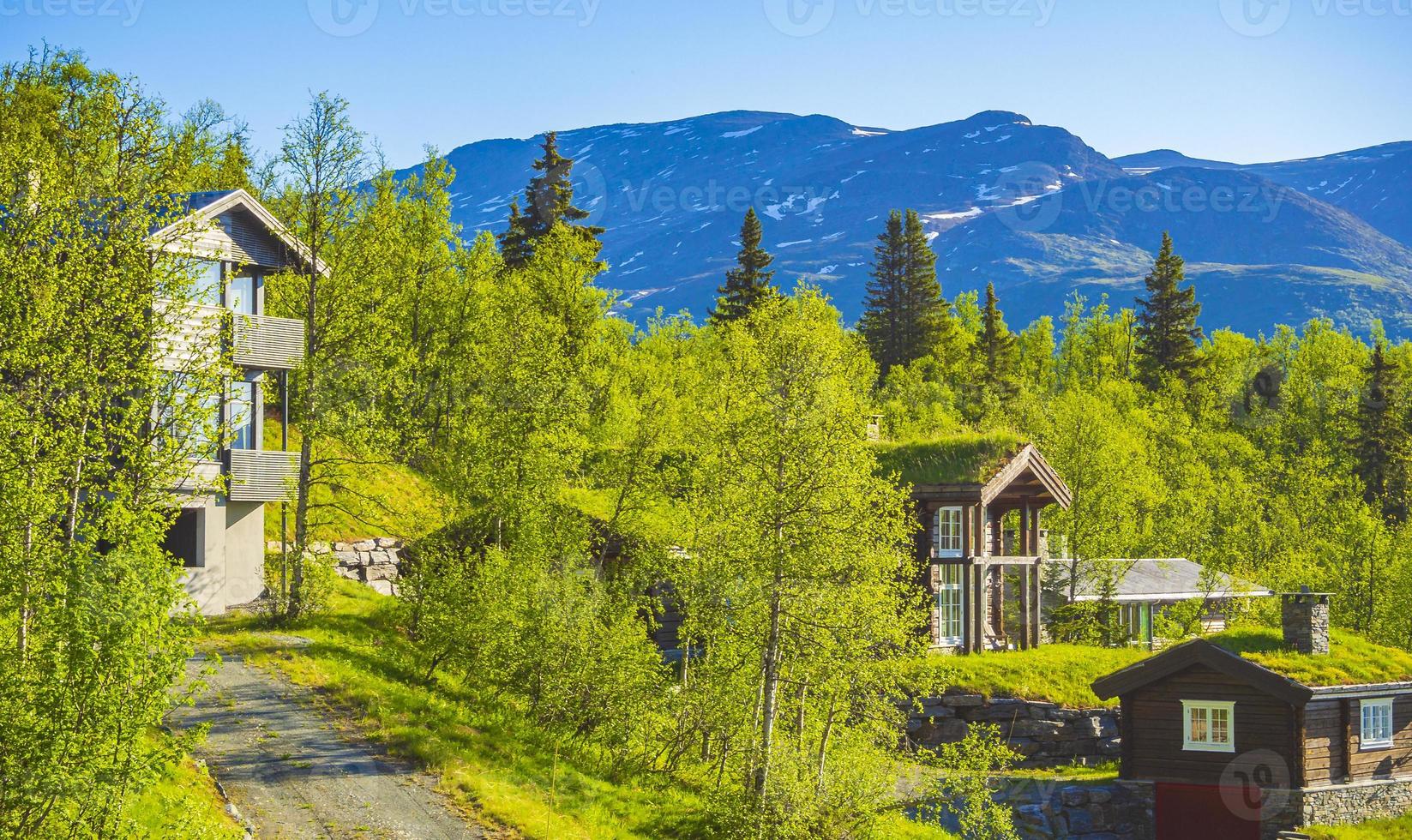 hermoso panorama noruega hemsedal skicenter con cabaña de montañas y cabañas. foto