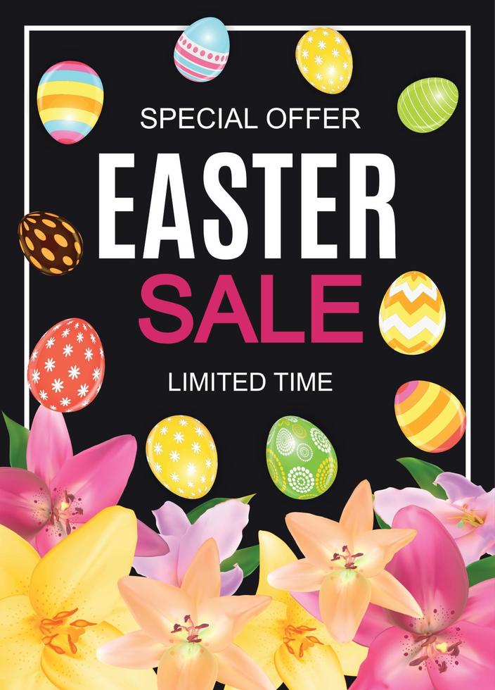 Happy Easter Cute Sale Poster  Background with Eggs and Flowers. Vector Illustration