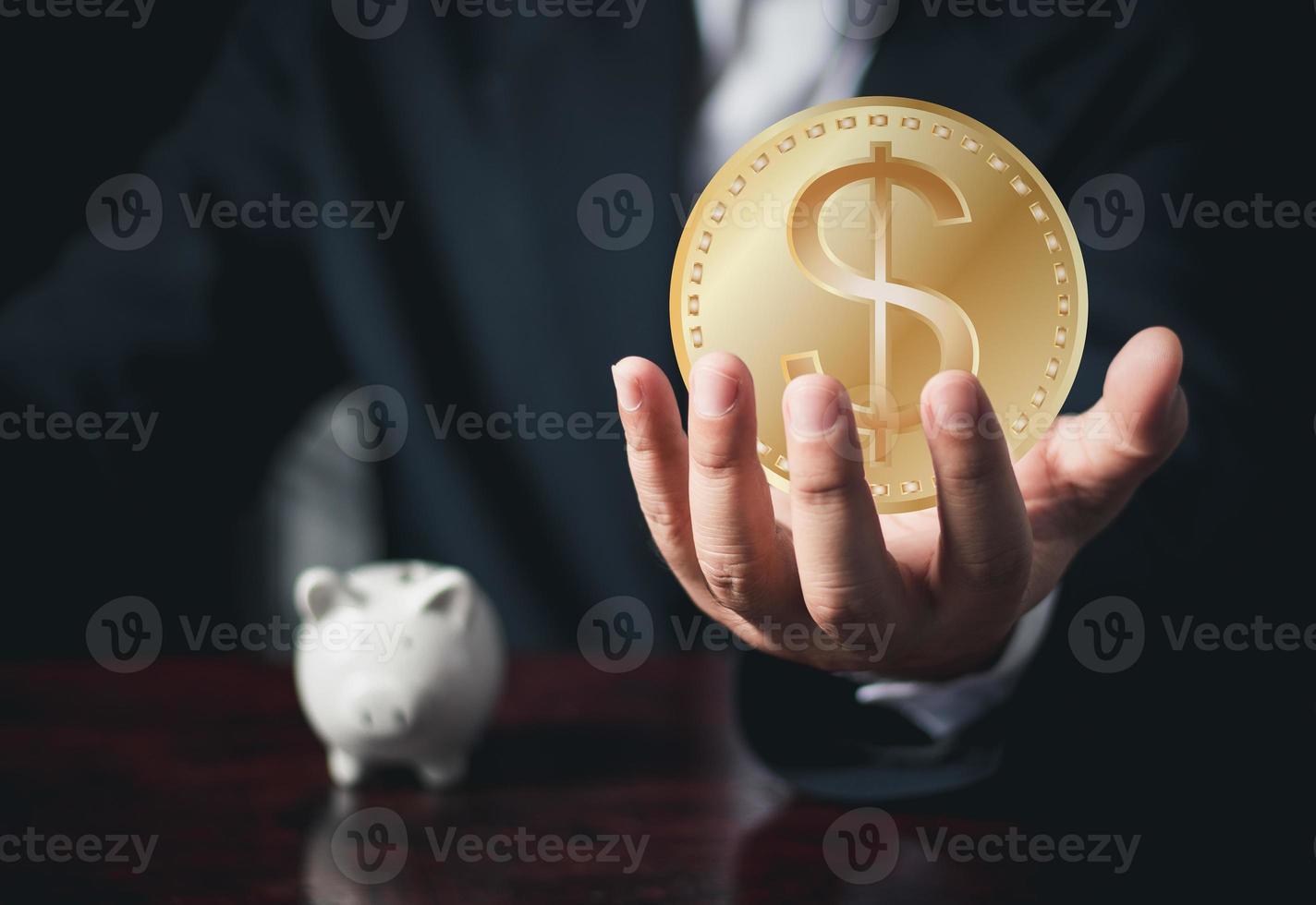 Businessman Hand holding us coin. Digital Money and Bitcoin Concept. Cryptocurrency golden coin, stock exchange graph background. Digital money concept. photo