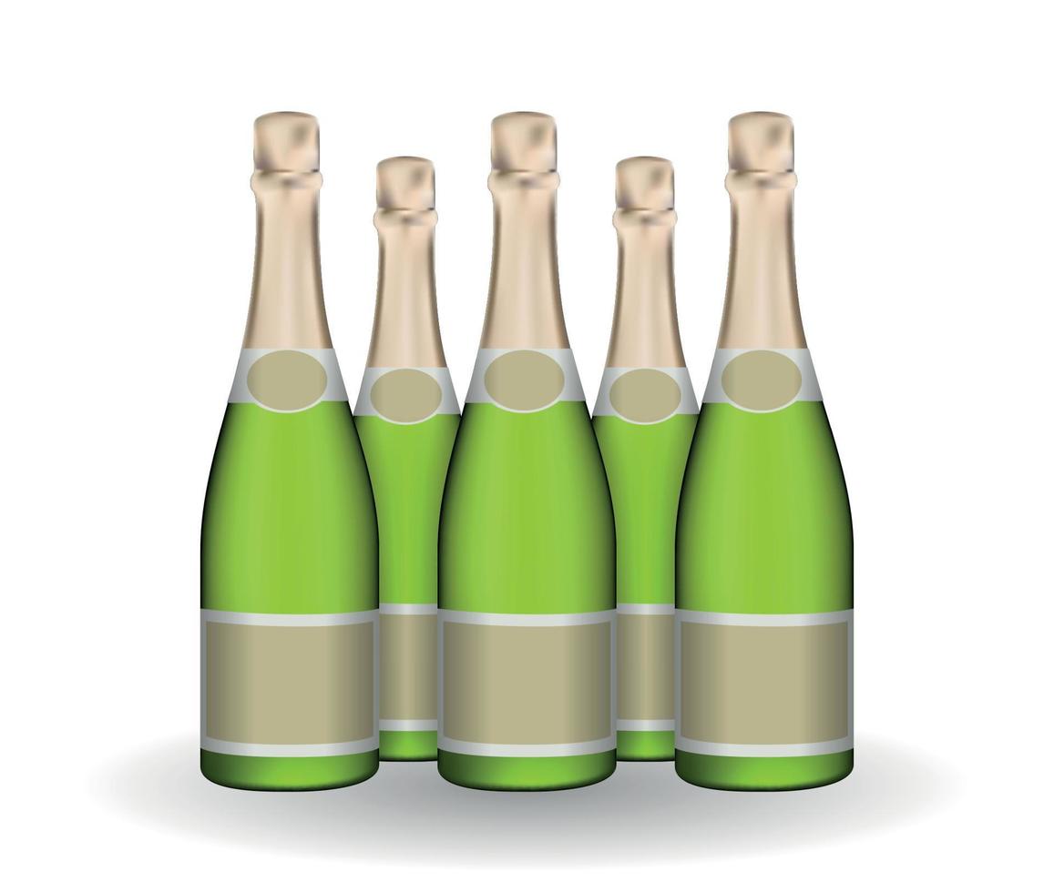 Set of naturalistic champagne green bottle with labels. Vector illustration