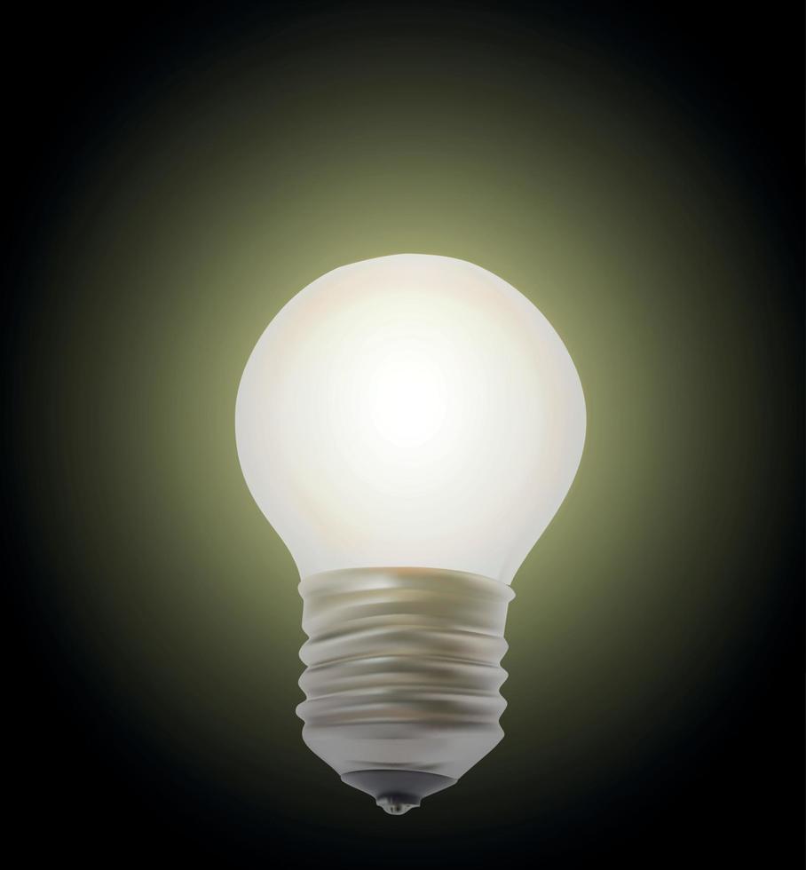 Naturalistic lit glowing light bulb. Lighting on black background. Vector Illustration