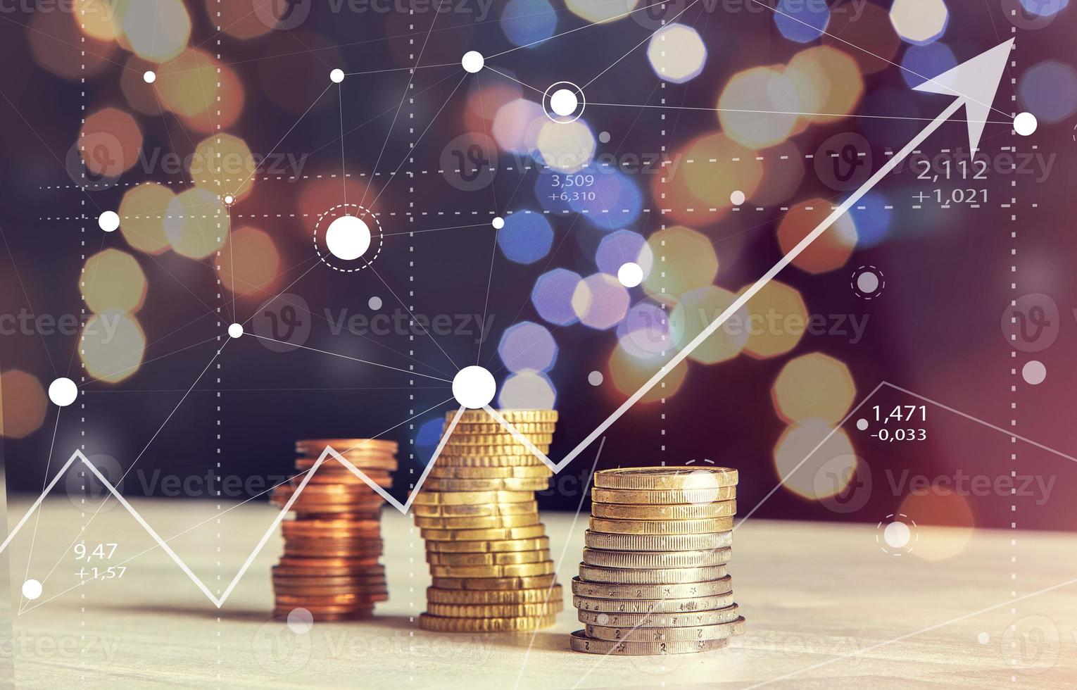 Group of Euro Cent and Euro Coins with Graph and Arrow Up Business Content Background photo