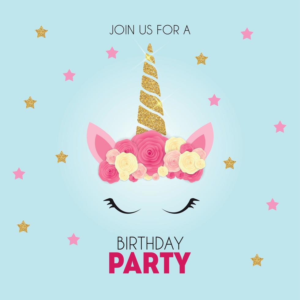 Birthday party invitation with cute unicorn and flower. Vector Illustration