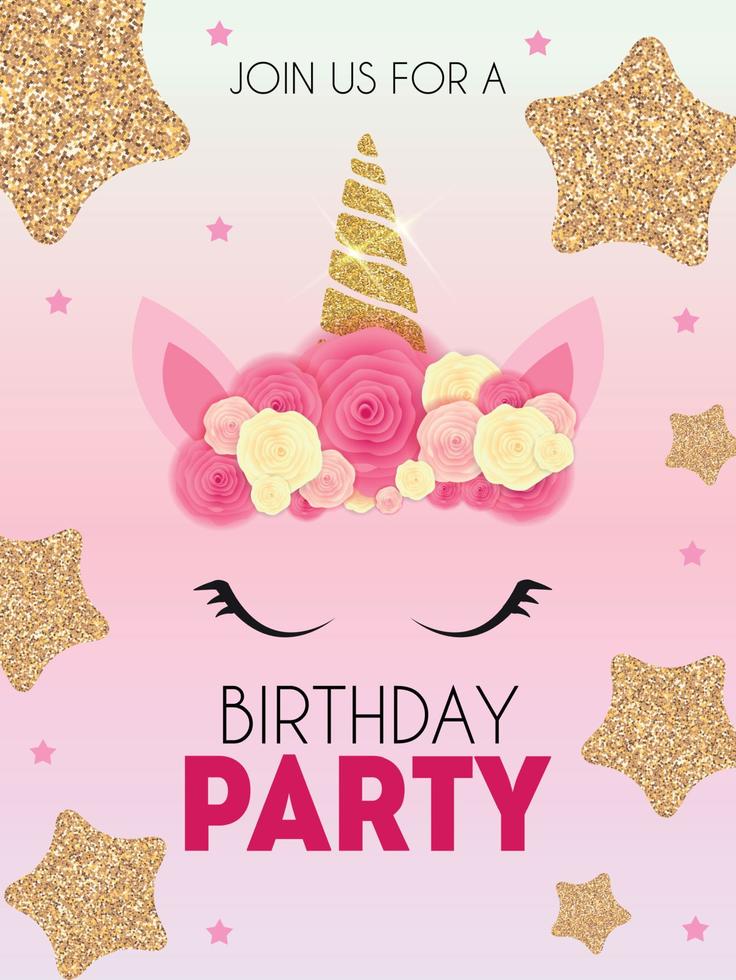 Birthday party invitation with cute unicorn and flower. Vector Illustration