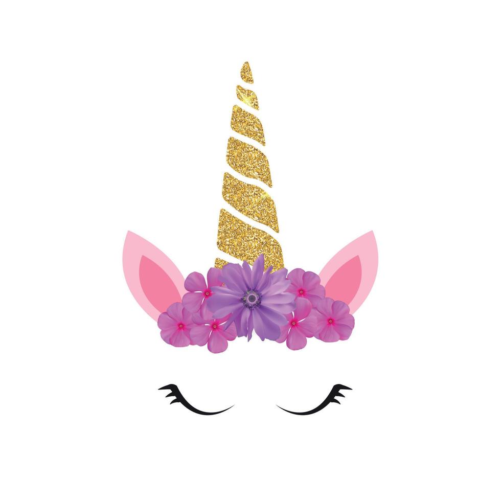 Cute unicorn head and eyes with flower. Vector Illustration