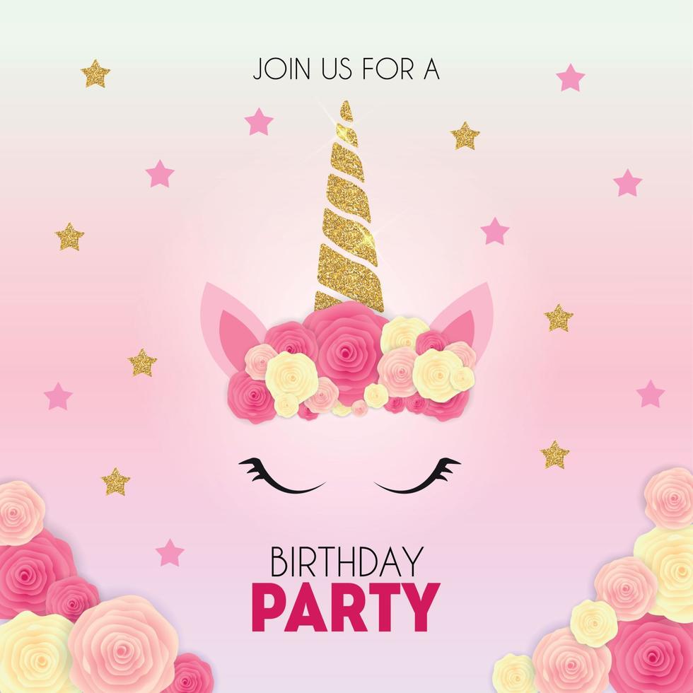 Birthday party invitation with cute unicorn and flower. Vector Illustration