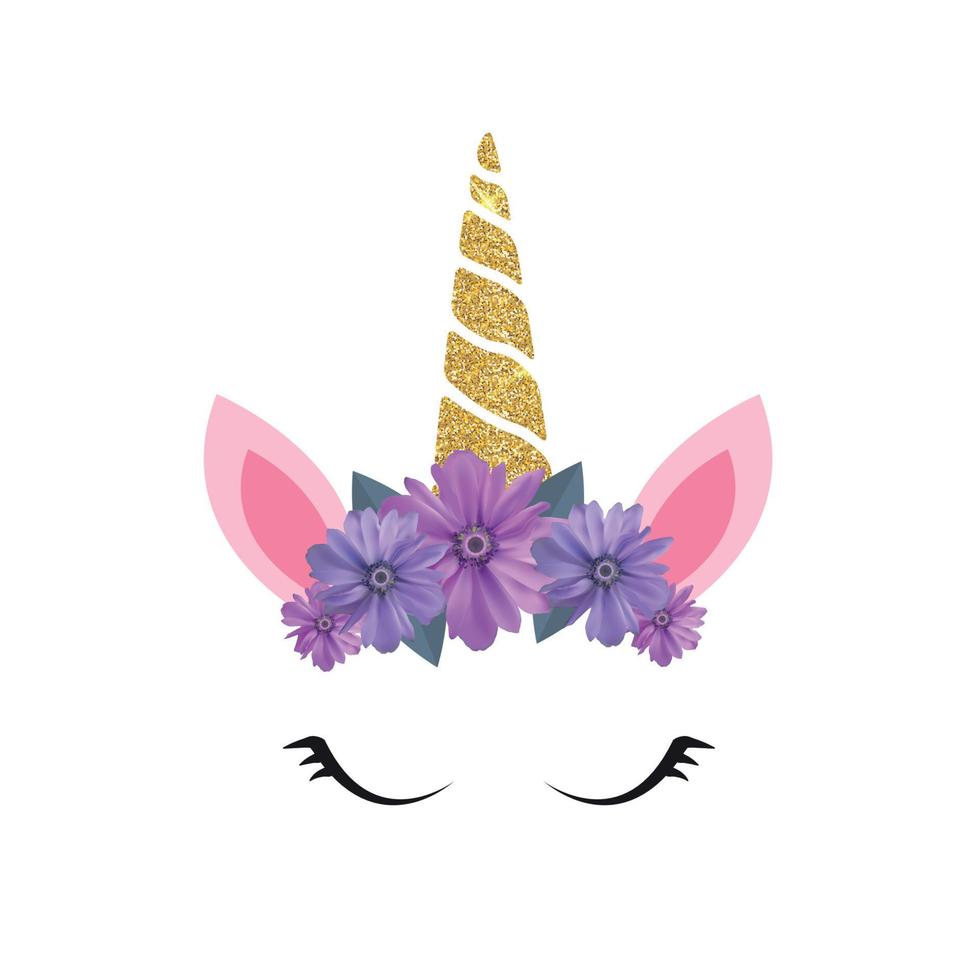 linda cabeza de unicornio y ojos con flor. ilustración vectorial vector