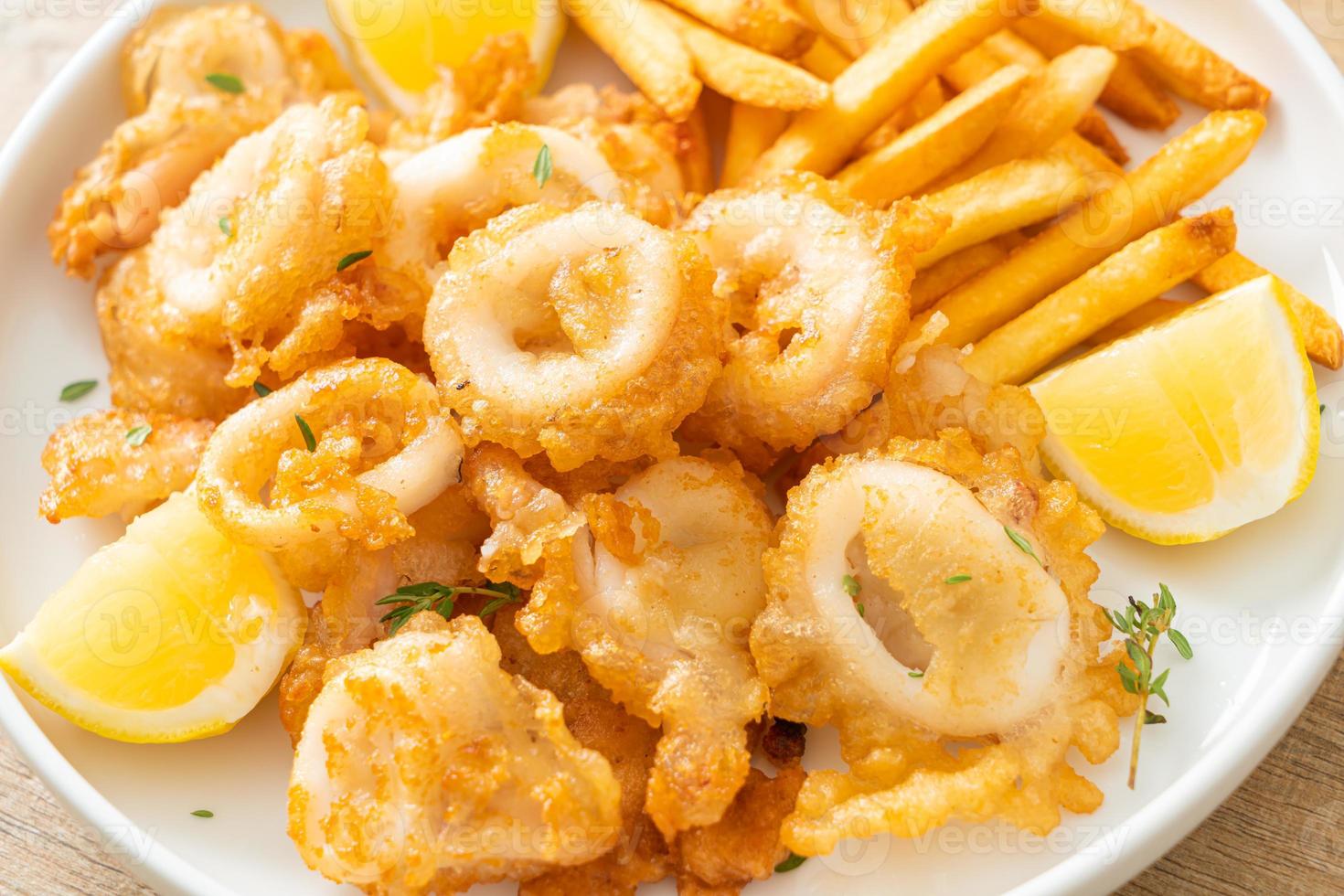 calamari - fried squid or octopus with fries photo