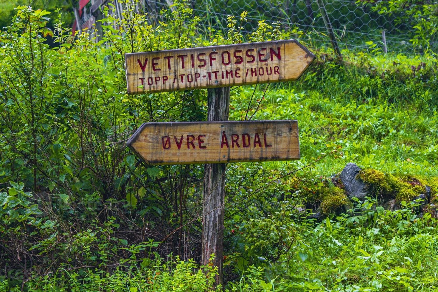 Signposting hiking trail nature forest landscape Ovre Ardal Vettisfossen Norway. photo