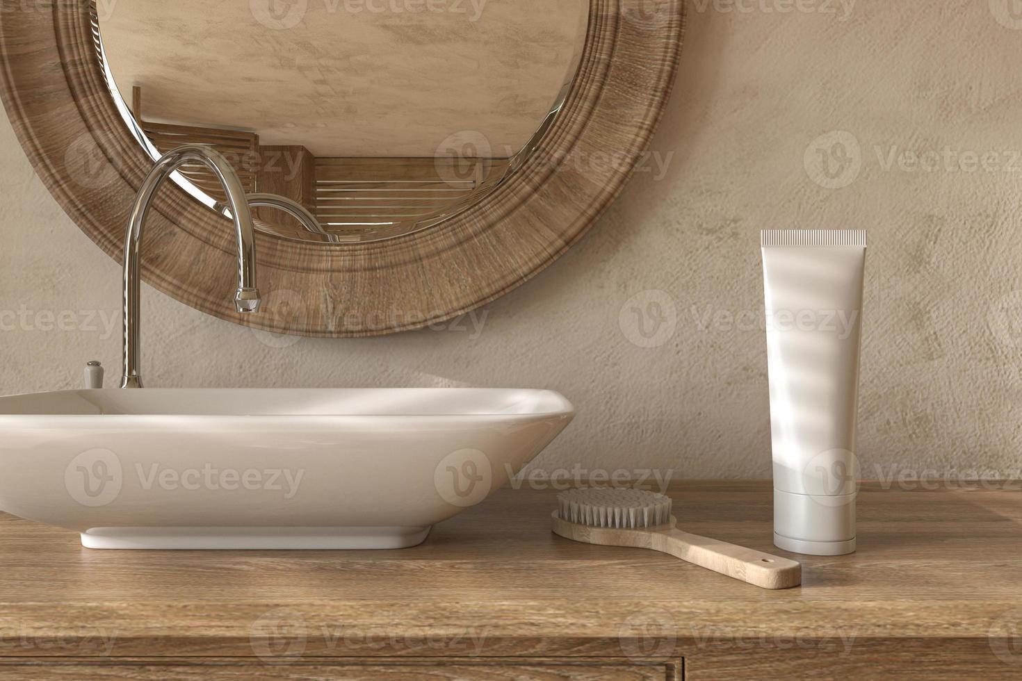 Fondo interior del cuarto de baño de la exhibición del producto cosmético natural en estilo de la granja. estilo boho. Ilustración de renderizado 3D. foto