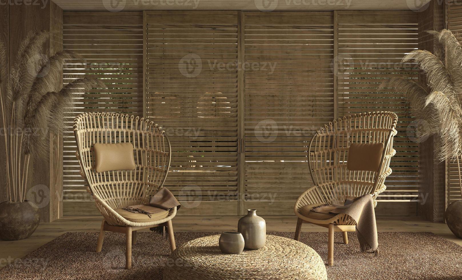 Home interior in scandinavian style. Living room design with boho natural wooden furniture on background. 3d rendering illustration. photo