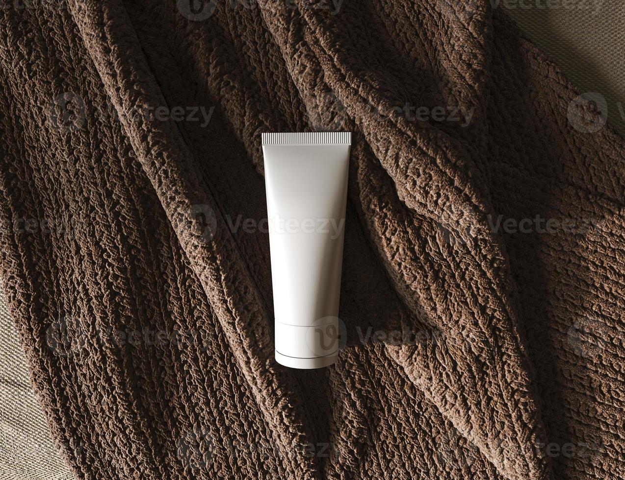Natural cosmetic product podium display. Brand presentation. Cream on brown rag cloth of background. 3d rendering illustration. photo
