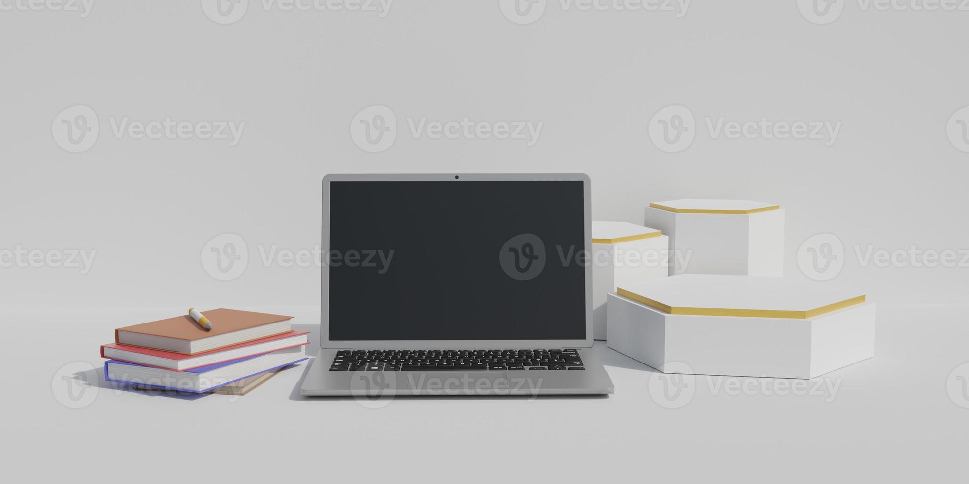 3d render laptop with various objects suitable for mockup designs and advertisings photo