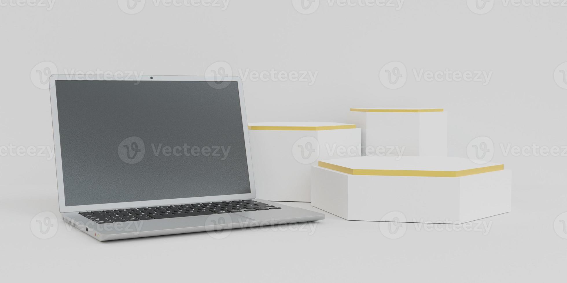 3d render laptop with various objects suitable for mockup designs and advertisings photo