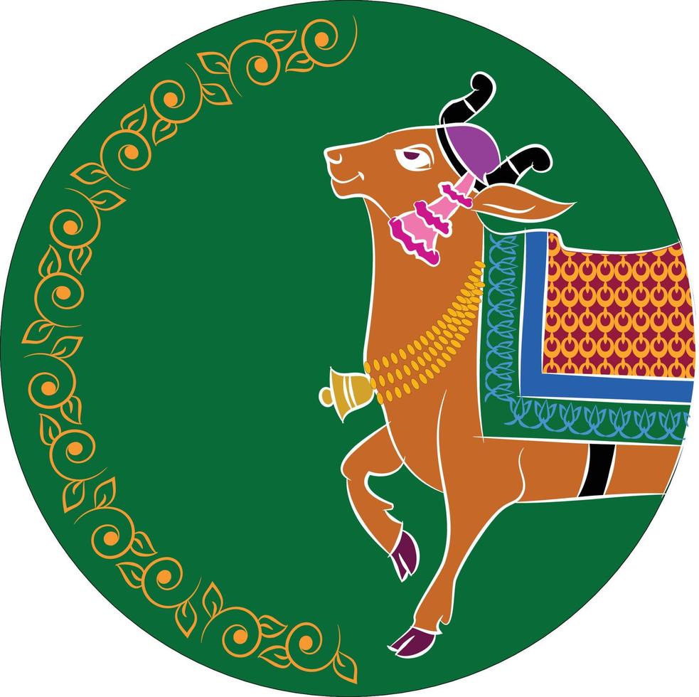 vaca sagrada en el arte popular tradicional indio kalamkari en telas de lino. Se puede utilizar para un libro para colorear, estampados en telas textiles, estuches para teléfonos, tarjetas de felicitación. logotipo, calendario vector