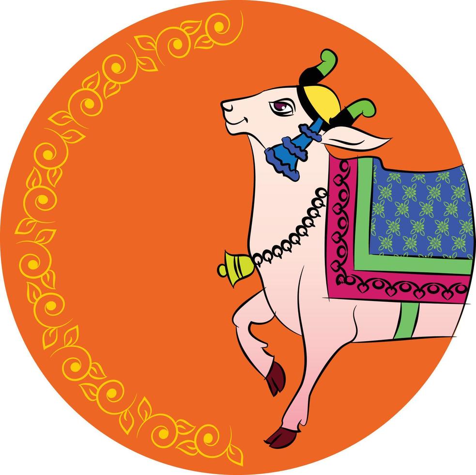 vaca sagrada en el arte popular tradicional indio kalamkari en telas de lino. Se puede utilizar para un libro para colorear, estampados en telas textiles, estuches para teléfonos, tarjetas de felicitación. logotipo, calendario vector