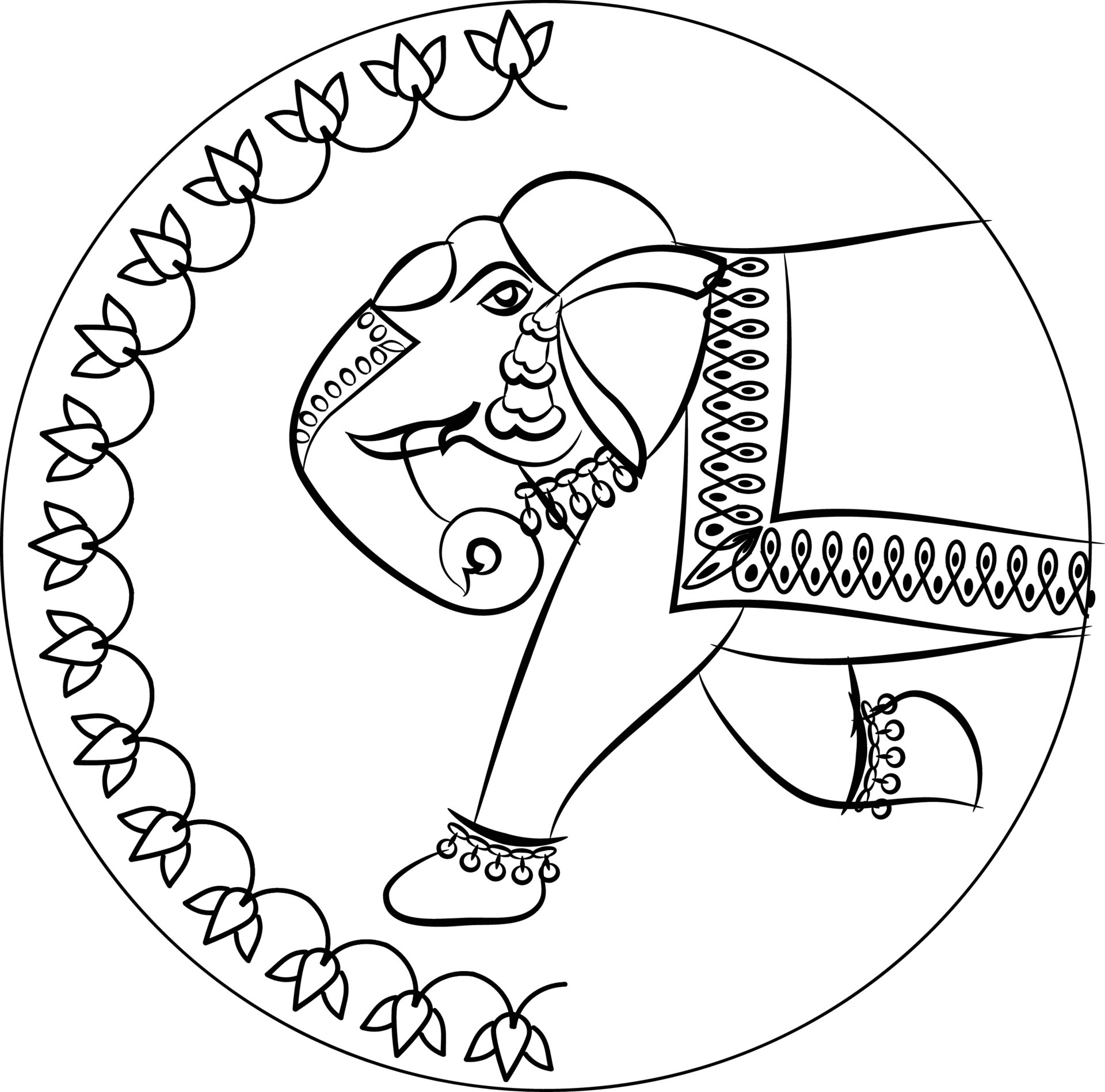 Elephant rendered in Pichwai style Indian folk art for a coloring
