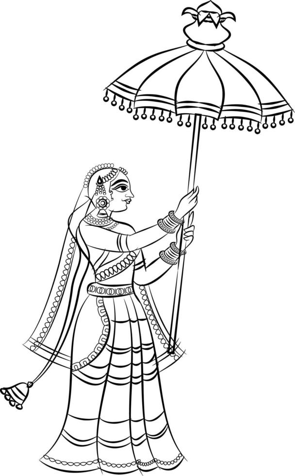 La gopika del señor, el sevika o las sirvientas han dibujado en el arte popular indio, estilo kalamkari. para impresión textil, logo, papel pintado vector