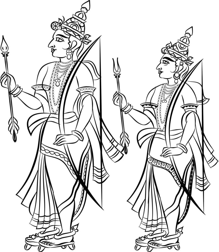 Lord Rama, the Hindu god. with a bow and arrow, and Sevikas or lady servants vector