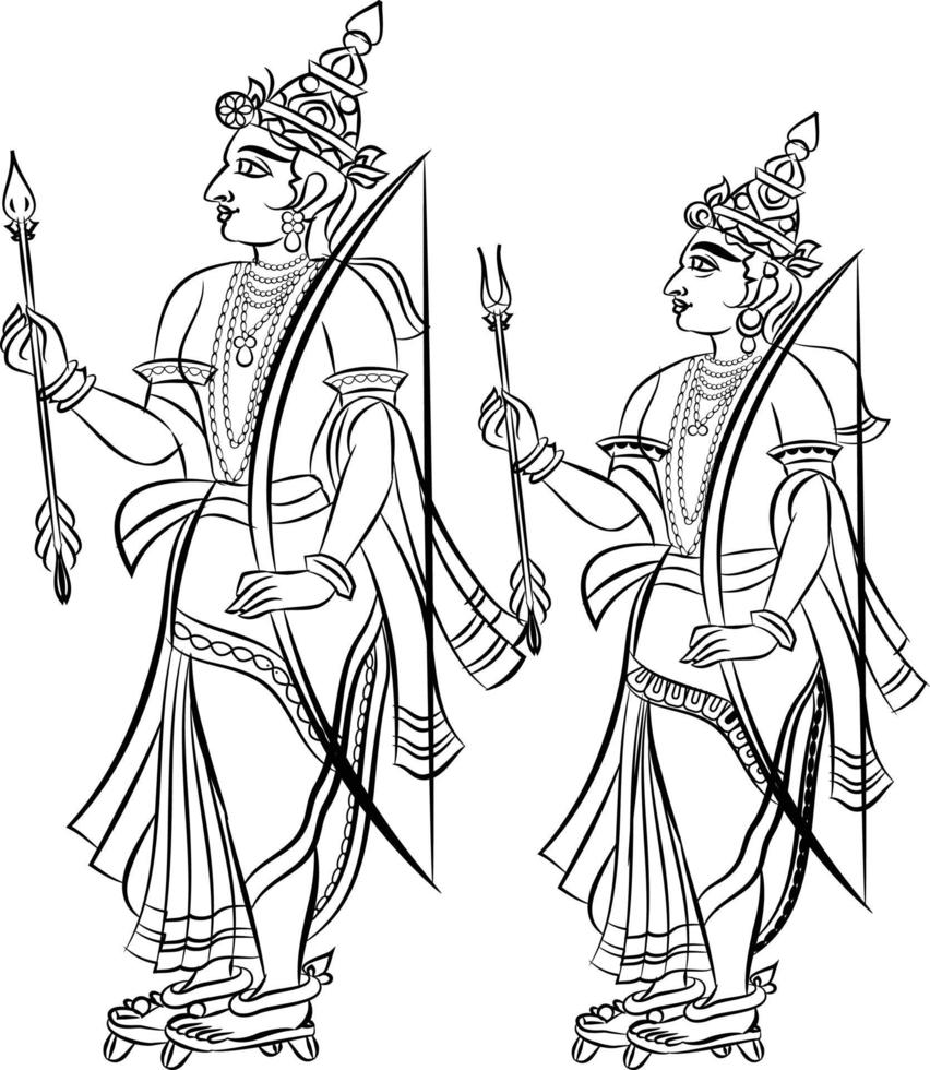 Lord Rama, the Hindu god. with a bow and arrow, and Sevikas or lady servants vector