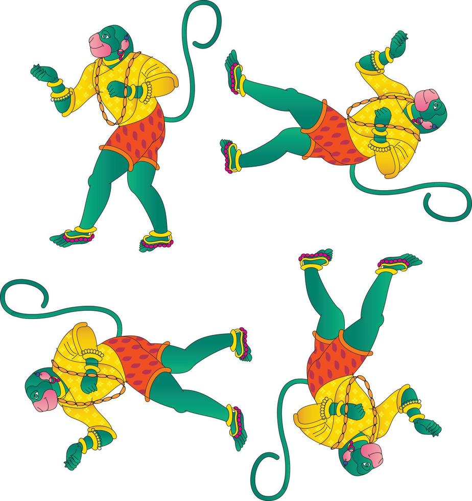 Monkeyface god of power, lord Hanuman and his servants or Sevak as they are called. in Indian folk art Pinguli style. for textile printing, logo, wallpaper vector